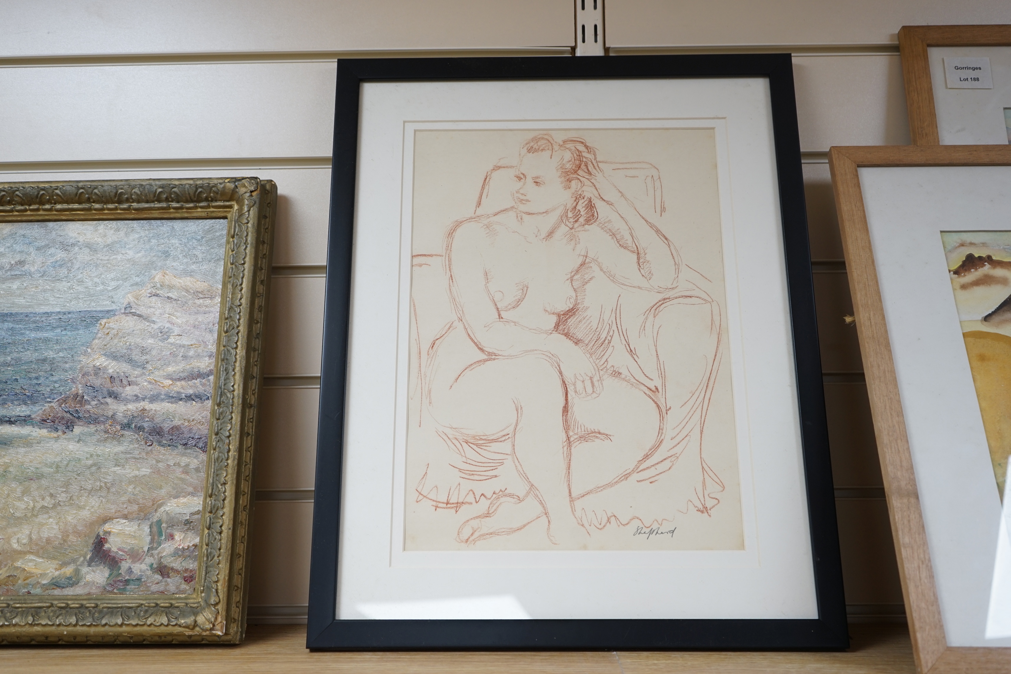 Sidney Horne Shepherd (1909–1993), sanguine chalk, Study of a seated nude woman, signed, 36 x 26cm. Condition - fair to good